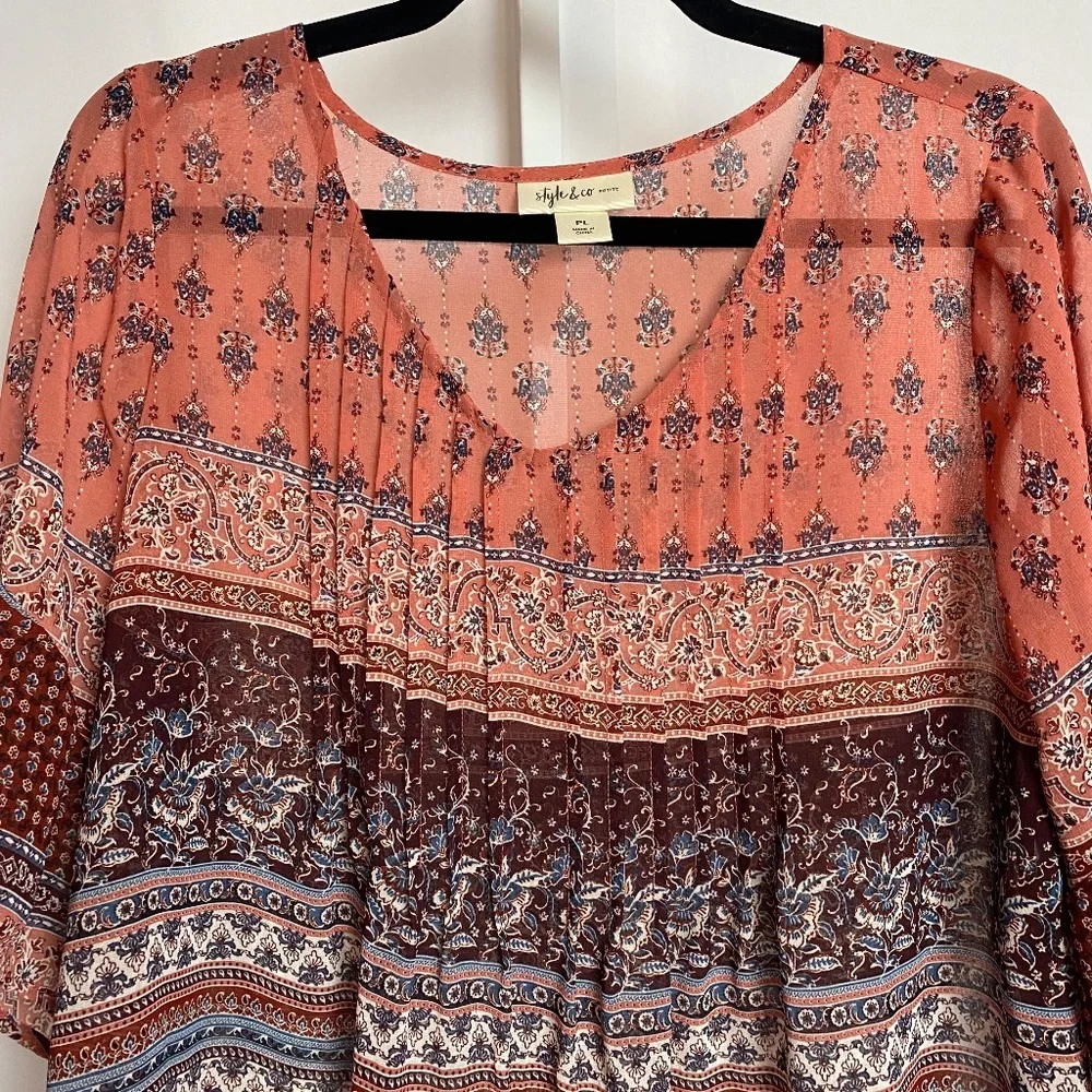 Style & Co Womenʻs Burgundy Pleated Bell Ruffle Sleeve Boho Top Petite Large